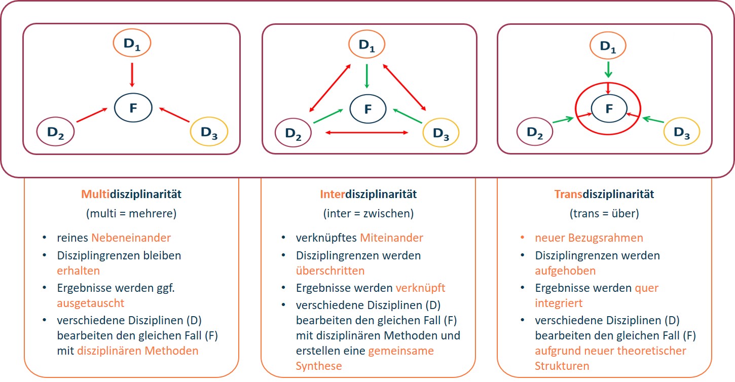 Diagramm, das drei Ansätze vergleicht: Multidisziplinarität, Interdisziplinarität und Transdisziplinarität, mit Schwerpunkt auf den Interaktionstypen zwischen den Disziplinen d1, d2, d3 und ihrer Integration über die Funktion f.