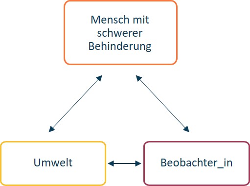 Diagramm, das ein Modell mit drei beschrifteten Kästchen illustriert: „Mensch mit schwerer Behinderung“, „Umwelt“ und „Beobachter_in“, die durch bidirektionale Pfeile verbunden sind.