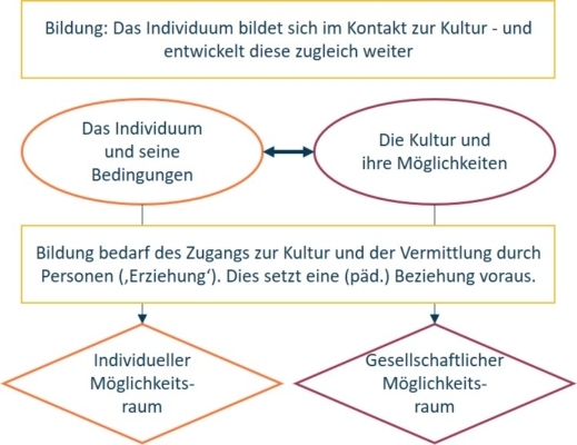 Diagramm auf Deutsch, das den Begriff der Bildung illustriert und die Zusammenhänge zwischen individueller Entwicklung, kulturellem Kontakt, gesellschaftlichen Möglichkeiten und Bedingungen aufzeigt.