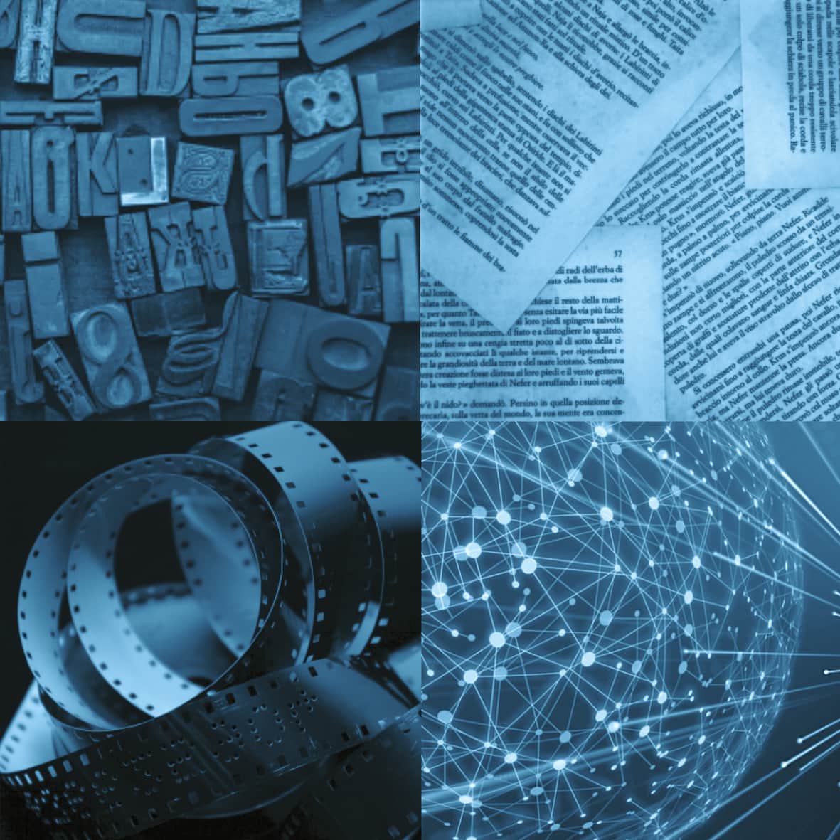 Collage aus vier Bildern, die Schreibmaschinentasten, gedruckte Buchseiten, Filmrollen und ein digitales Netzwerkgitter zur Darstellung verschiedener Kommunikations- und Datenspeicherformen zeigen.