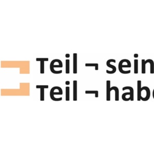 Logo mit orangefarbenen geometrischen Formen und dem Text „teil – sein & teil – haben“ in Schwarz, eingetragenes Markensymbol oben rechts.