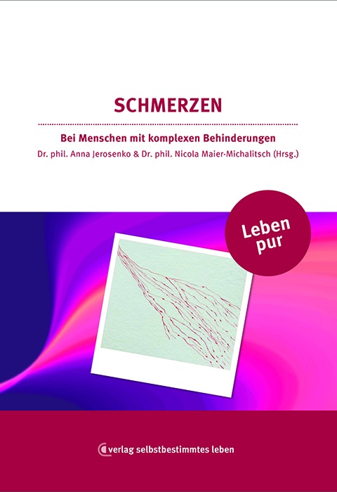 Buchcover mit dem Titel „Schmerzen“ in abstrakter Farbgebung, mittig abgebildeter Strichzeichnung sowie den Namen der Herausgeberinnen Dr. Phil. Anna Jerosenko und Dr. Phil. Nicola Maier-Michalitsch.