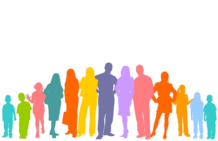 Bunte Silhouetten unterschiedlicher Menschen, darunter Erwachsene und Kinder, die in einer Gruppe vor einem weißen Hintergrund zusammenstehen.