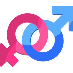 Ineinandergreifende männliche und weibliche Symbole in Blau und Rosa, die ein Farbverlaufsmuster auf weißem Hintergrund bilden.