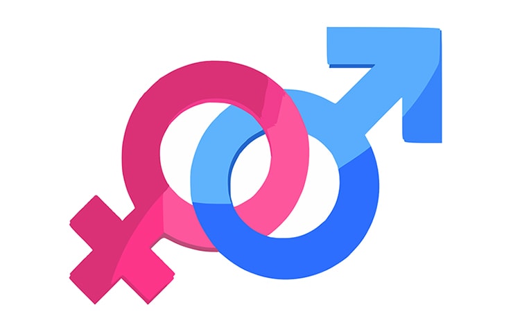 Ineinandergreifende männliche und weibliche Symbole in Blau und Rosa, die ein Farbverlaufsmuster auf weißem Hintergrund bilden.