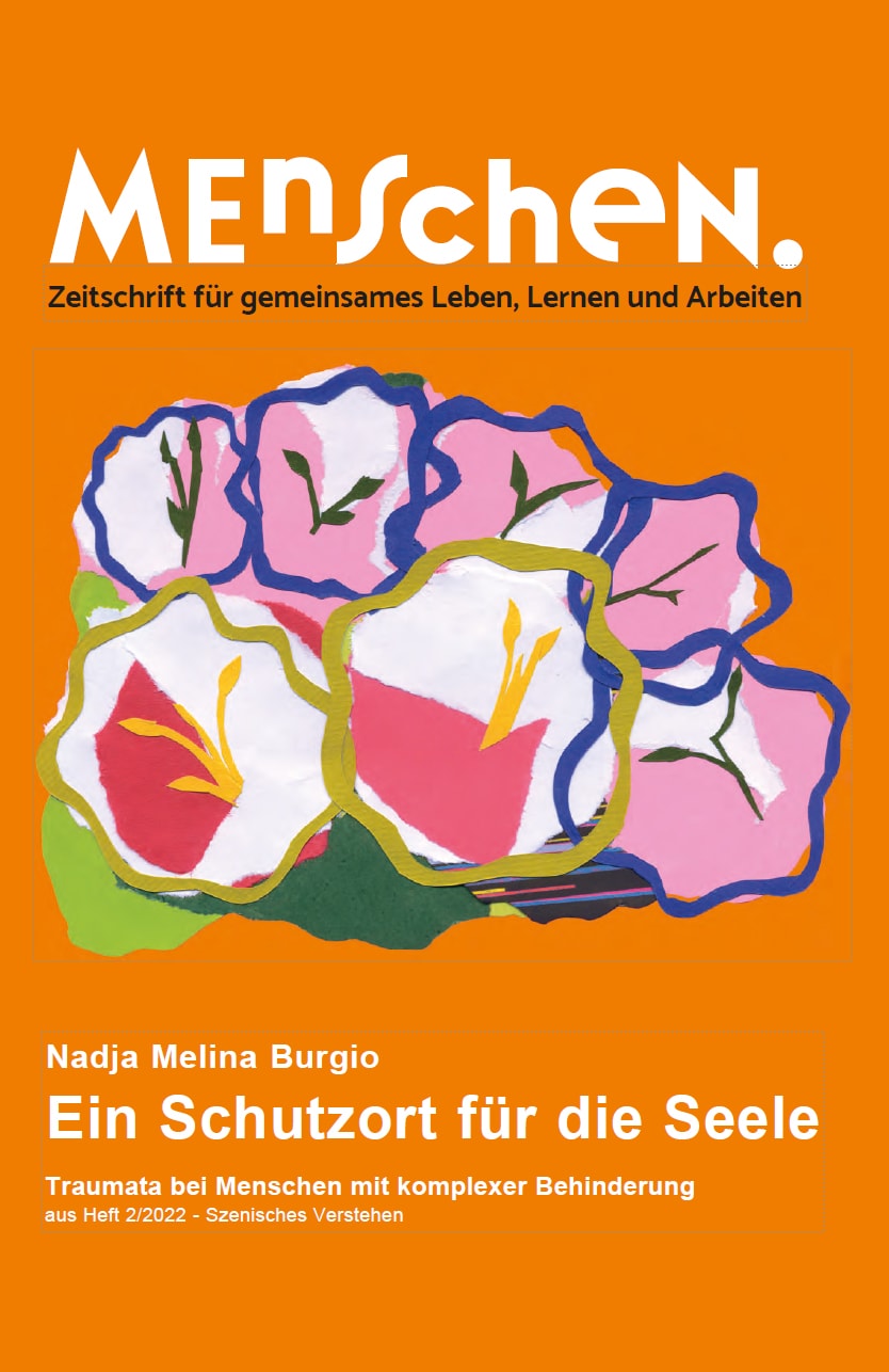 Cover des Magazins „menschen, lernen, arbeiten“ mit abstraktem Blumenkunstwerk und Text über Traumata bei Menschen mit komplexen Behinderungen von Nadja Melina Burgio.