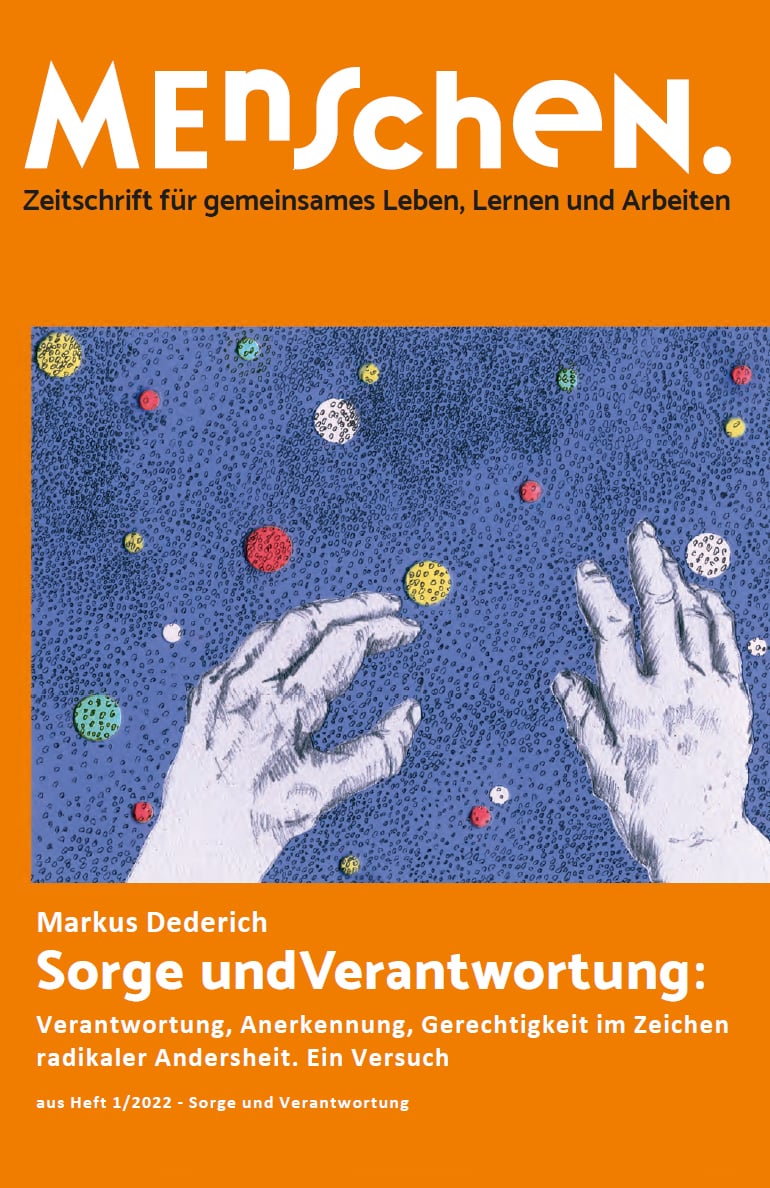 Zeitschriftencover mit dem Titel „Menschen“ zeigt eine Nahaufnahme von zwei aufeinander zugestreckten Händen mit bunten Punkten, die über einen blauen Hintergrund verstreut sind.