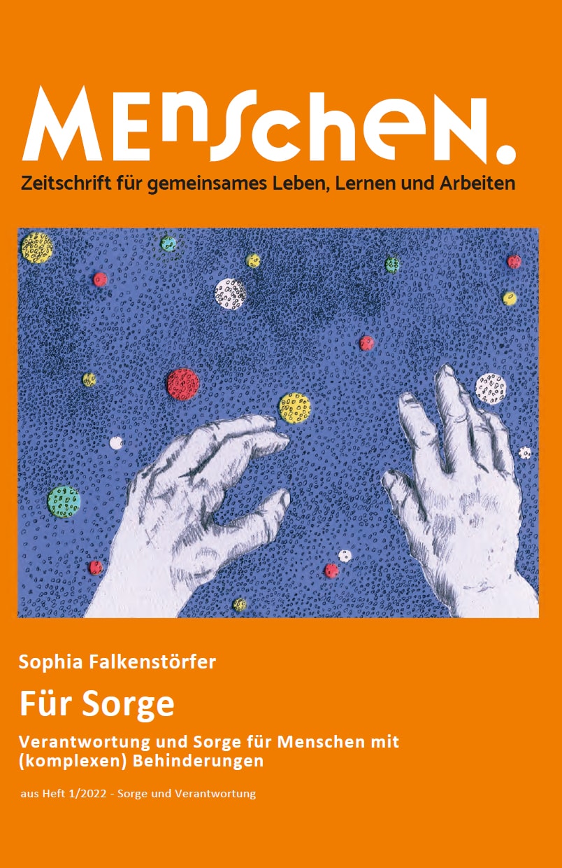Cover des Magazins „menschen“ mit zwei illustrierten Händen, die nach bunten Punkten auf dunkelblauem Hintergrund greifen, mit deutschem Text zum Thema Verantwortung und Fürsorge.