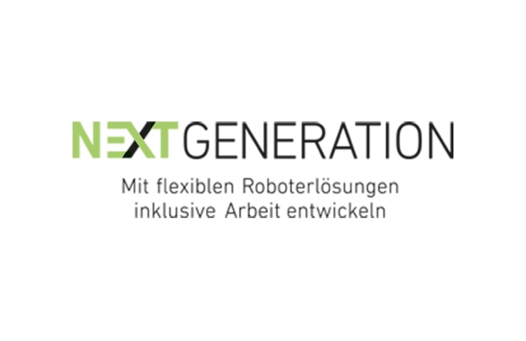 Logo von „next generation“ mit dem Claim „mit flexiblen Roboterlösungen inklusive Arbeit entwickeln“ in grauer und grüner Schrift.