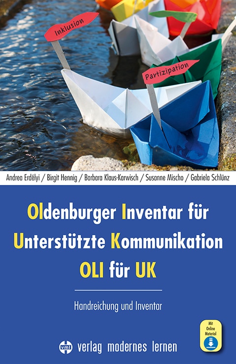 Buchcover mit dem Titel „unterstützte kommunikation für oli für uk“, abgebildet sind bunte Papierboote auf dem Wasser.