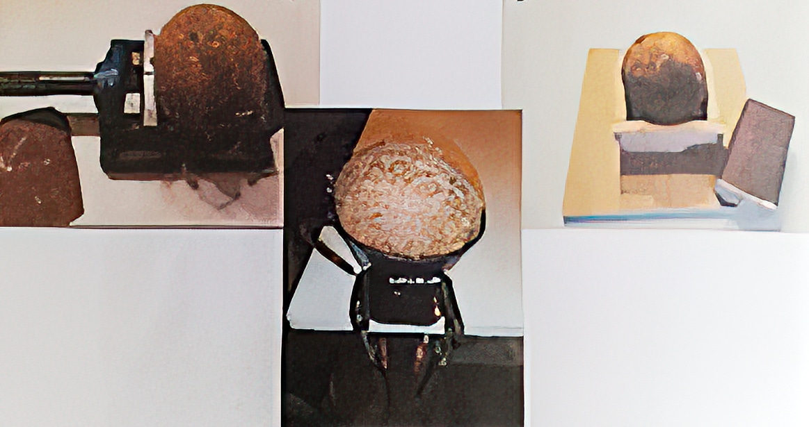 Drei Tafeln zeigen ein rostiges, kugelförmiges Objekt, das aus verschiedenen Winkeln von verschiedenen Stützen gehalten wird.