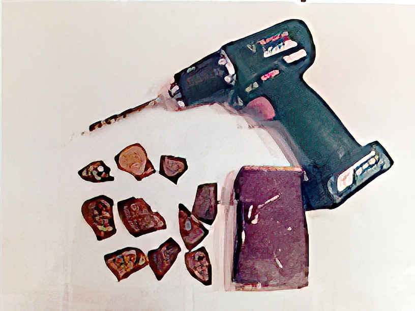Künstlerische Darstellung einer Akku-Bohrmaschine über mehreren Bohrern und einer zerlegten Tafel Schokolade, die an gebohrte Teile erinnert.