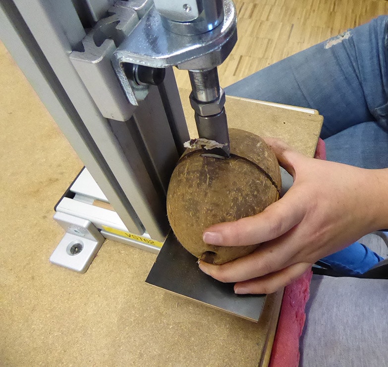 Person testet die Härte einer Kartoffel mithilfe eines speziellen Kompressionsgeräts.