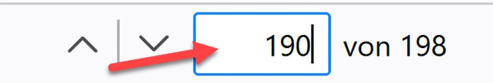 Eine Computerschnittstelle zeigt einen roten Pfeil, der auf ein Zahlenfeld zeigt, in dem „199 von 198“ steht, umschlossen von einem blauen Quadrat.