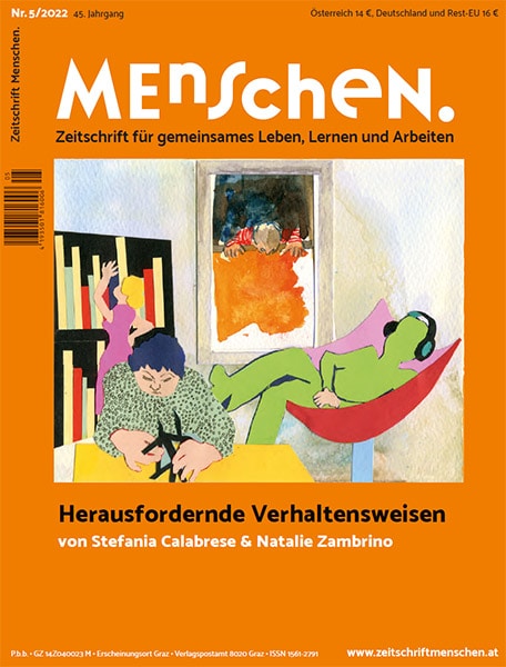 Cover der Zeitschrift „menschen“ mit der Abbildung dreier Personen bei Lese- und Ruheaktivitäten, mit fettgedrucktem Titel und Ausgabeinformationen.