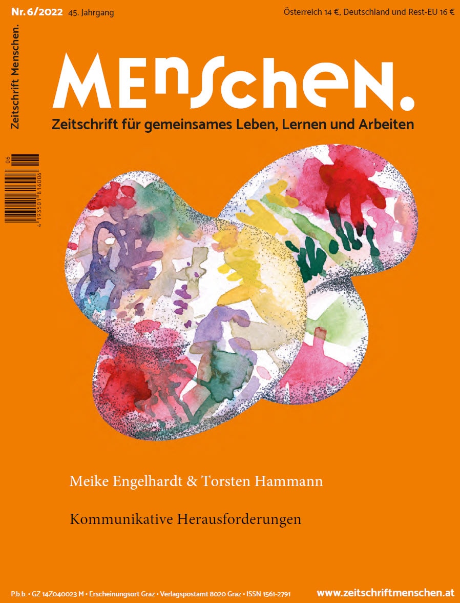 Cover des Magazins „Mensch“ mit einem abstrakten Aquarellbild miteinander verbundener menschenähnlicher Formen in Regenbogenfarben und einem Text mit Angaben zur Ausgabenummer und den vorgestellten Themen.
