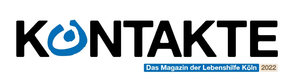 Logo der Zeitschrift „kontakte – das magazin der lebenshilfe köln 2022“ mit dem Namen in fetten schwarzen und blauen Buchstaben.
