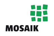 Logo der Marke „mosaik“ mit schwarzer Schrift und einem Raster aus neun grünen Quadraten, die über dem Text in einer größeren quadratischen Form angeordnet sind.