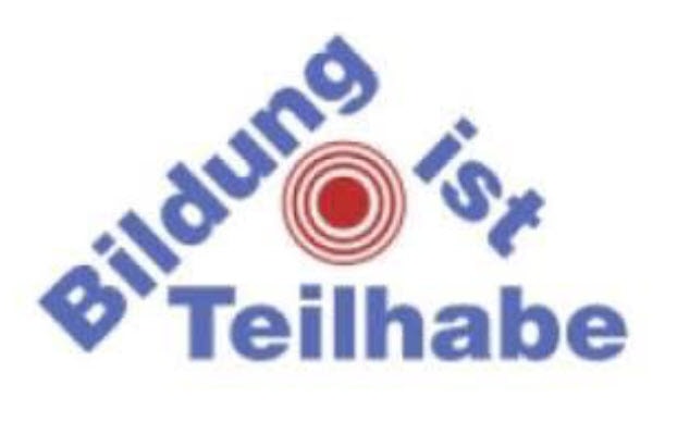 Logo mit dem Satz „Bildung ist teilhabe“ in blauer Schrift und einem stilisierten rot-weißen Zielsymbol über dem Text.