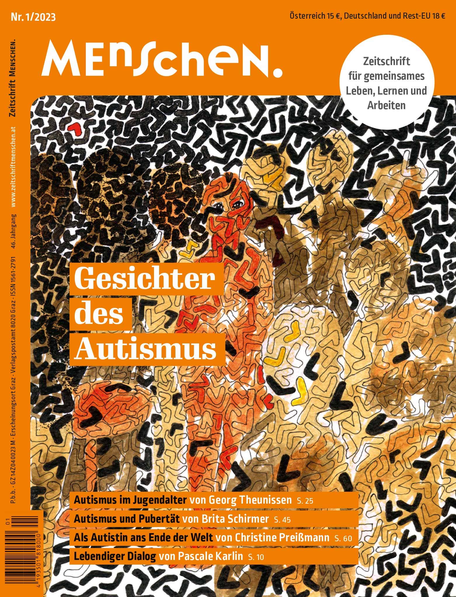 Zeitschriftencover mit dem Titel „Menschen“ mit einem Puzzlemuster-Design mit abstrakten menschlichen Figuren zum Thema Autismus in leuchtenden Orange- und Schwarztönen.
