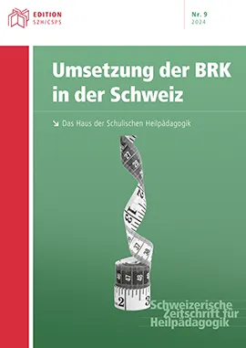 Cover eines Buches mit dem Titel „Umsetzung der BRK in der Schweiz“ mit einem Massband in Spiralform.