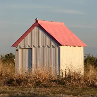Ein kleiner weißer Schuppen mit rosa Dach steht im trockenen Gras unter einem klaren Himmel.