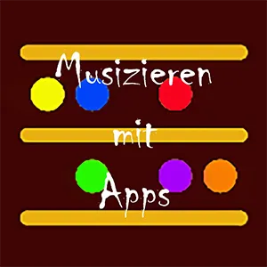 Bunte Punkte mit dem Text „Musizieren mit Apps“ auf dunkelbraunem Hintergrund.