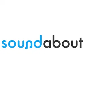 Auf dem Logo steht „sound about“, wobei „sound“ blau und „about“ schwarz ist.