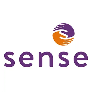 Logo von „sense“ in violettem Text mit einem orange-violetten Wirbelmuster darüber.