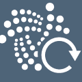 Icon-Beispielplanung: Ein weißes geometrisches Logo, das aus mehreren Kreisen besteht, die zwei abgerundete, miteinander verbundene Formen bilden. Über einem Teil des Logos liegt ein kreisförmiges Pfeilsymbol, alles auf einem  grauen Hintergrund.