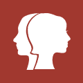Icon-Profil: Eine weiße Silhouette eines männlichen und weiblichen Kopfes im Profil, die in entgegengesetzte Richtungen blicken, steht zentriert auf einem roten Hintergrund. Die Merkmale sind minimalistisch und vermitteln ein klares und geradliniges Erscheinungsbild.