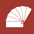 Icon-Themenspektrum: Symbol eines 'Farbmusterbuchs' auf rotem Hintergrund. Das Buch wird geöffnet und zeigt mehrere in einem Halbkreis aufgefächerte Rechtecke.
