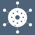 Icon-Sachaspekte & Potential: Ein weißes, stilisiertes, kreisförmiges Symbol mit kleinen und großen Punkten, die durch Linien mit der Mitte des Kreises auf blauem Hintergrund verbunden sind.