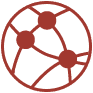 Icon-WWW: Ein roter Kreis enthält ein abstraktes Design mit fünf kleineren, durchgehenden roten Kreisen, die durch geschwungene rote Linien verbunden sind und einem stilisierten Netzwerk oder Netz auf einem weißen Hintergrund ähneln.