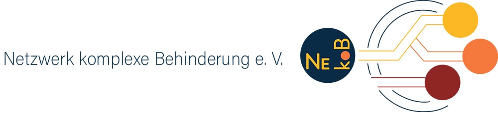 Logo des Netzwerk komplexe Behinderung e.V. mit abstrakten geometrischen Formen und Text in den Farben Blau, Geld, Rot und Orange.