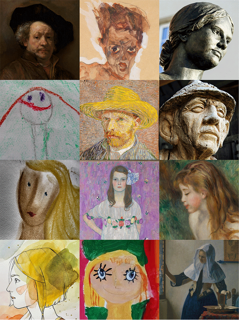 Eine Collage mit zwölf verschiedenen künstlerischen Porträts und Skulpturen. Die Stücke reichen von klassischen Gemälden und Skulpturen bis hin zu modernen und abstrakten Kunststilen. Jedes Kunstwerk zeigt ein anderes Gesicht, einen anderen Ausdruck und eine andere künstlerische Interpretation.