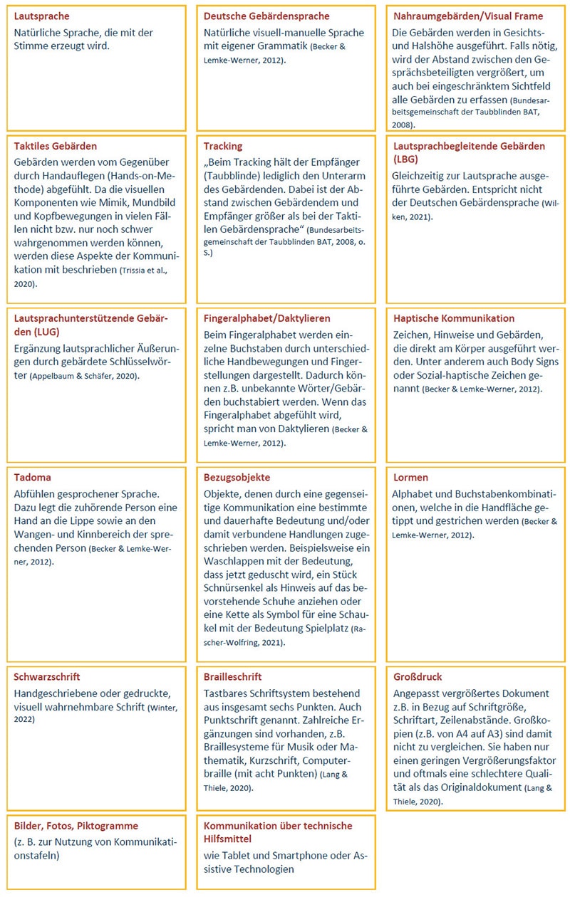 Die Grafik „Übersicht Kommunikationsformen“ stellt unterschiedliche Arten der Kommunikation vor. Die Tabelle enthält Textblöcke in Gelb und Weiß mit Einzelheiten zu Lautsprache, Gebärdensprache und mehr.