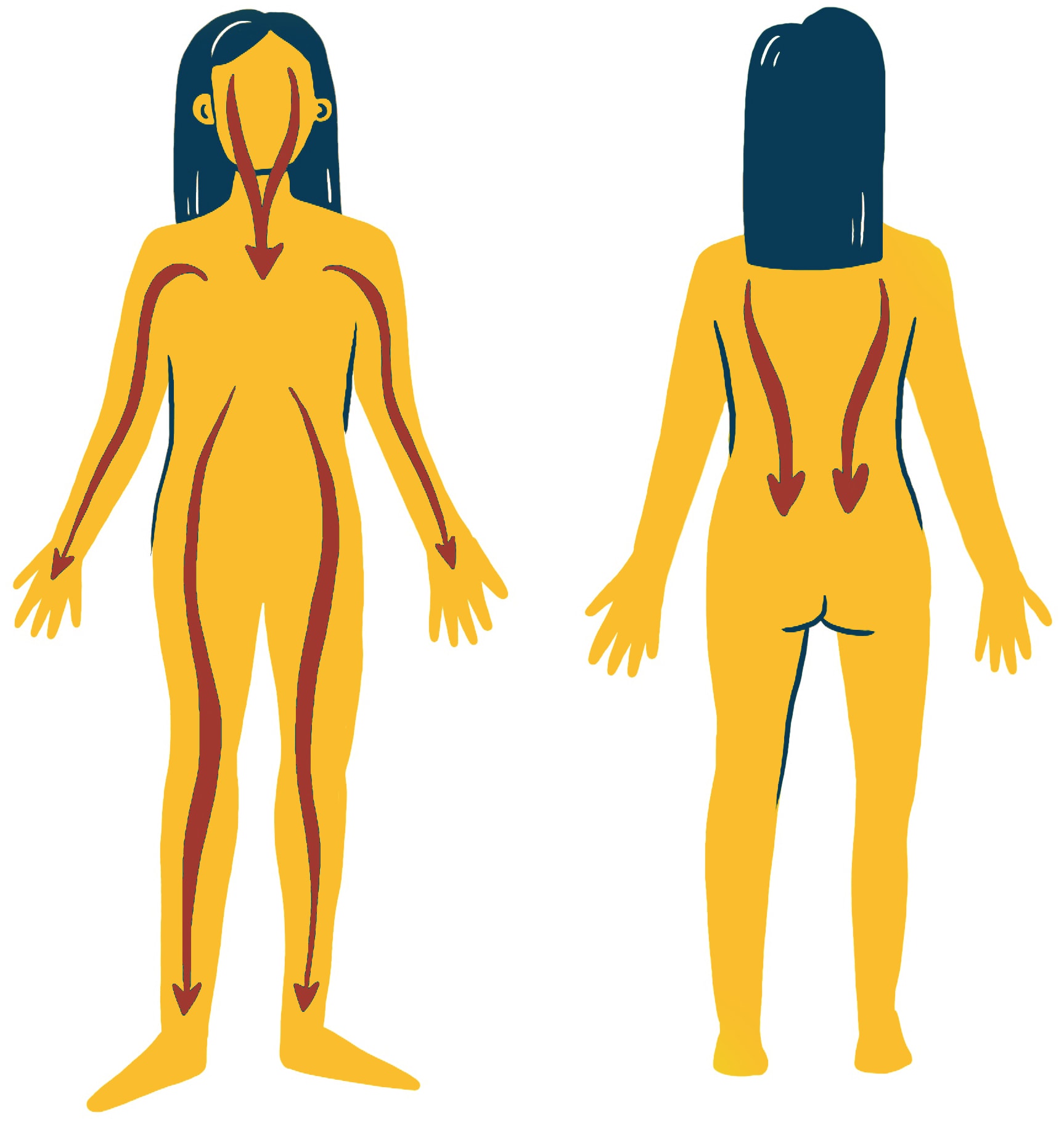 Beruhigende Waschung: Abbildung eines menschlichen Körpers in Vorder- und Rückansicht. Rote Pfeile verlaufen entlang der Körperkontur von Kopf bis Fuß und zeigen eine Abwärtsrichtung an. Die Figur hat dunkles Haar und ist in Gelb mit minimalen Details dargestellt.