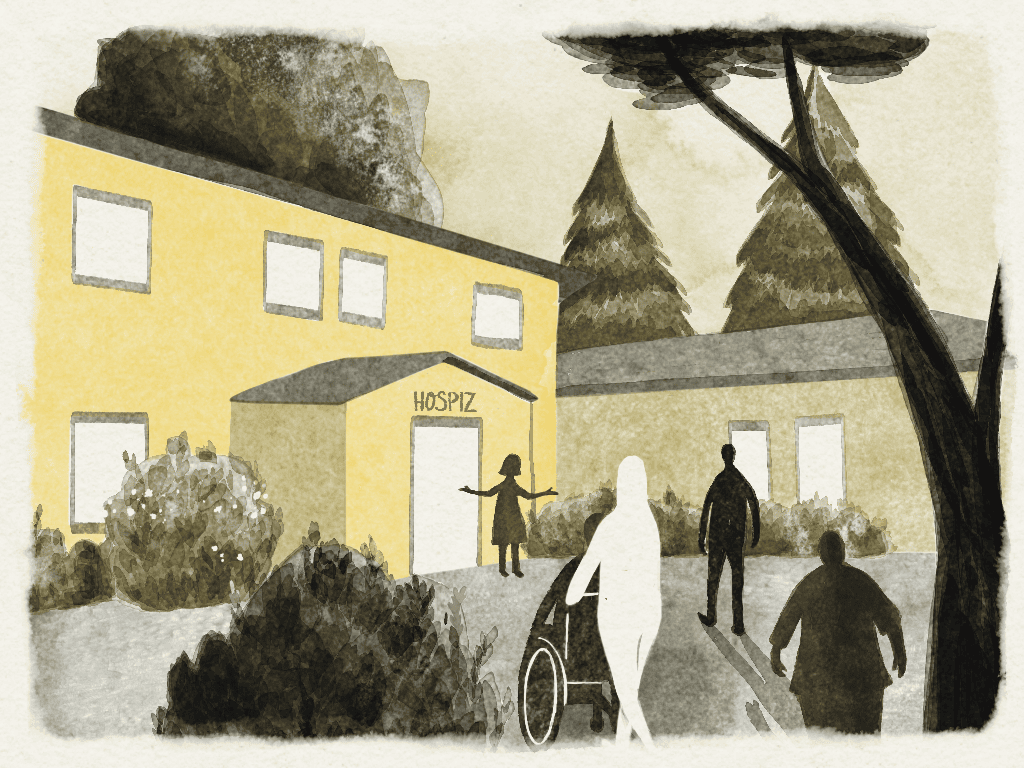 Dekoratives Bild: Illustration einer Gruppe, die sich einem Hospiz nähert; eine Person im Rollstuhl, eine Frau und ein Mann gehen auf ein gelbes Gebäude mit der Aufschrift „Hospiz“ zu, das vor einer Kulisse aus Bäumen steht.