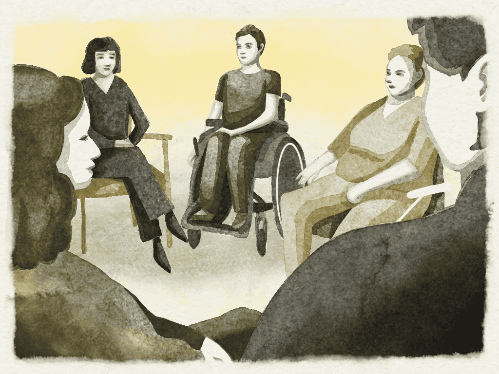 Dekoratives Bild: Eine Illustration im Aquarellstil zeigt eine Gruppe von Menschen, die in einem Kreis sitzen, darunter Personen im Rollstuhl und andere auf Stühlen. Vor einem gelb-beigen Hintergrund scheinen sie an einer Gruppendiskussion oder einem Meeting teilzunehmen.