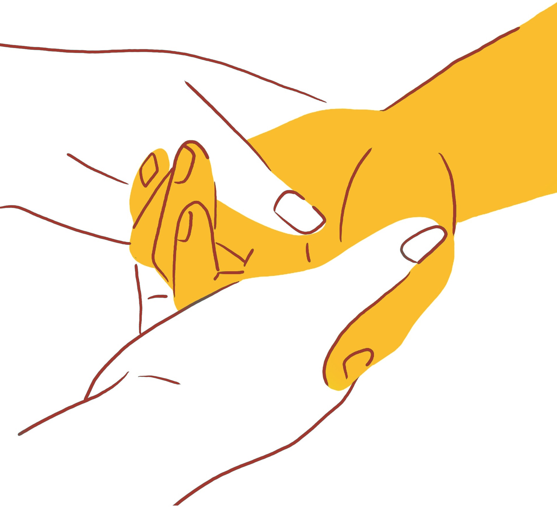 Handmassage: Abbildung einer Hand, die sanft eine andere Hand hält. Die Hände sind in einem minimalistischen Stil dargestellt, wobei die Hand in einem gelben Farbton gehalten wird und die Hand, die sie hält, in Weiß, beide mit einer bräunlich-roten Linie umrandet.