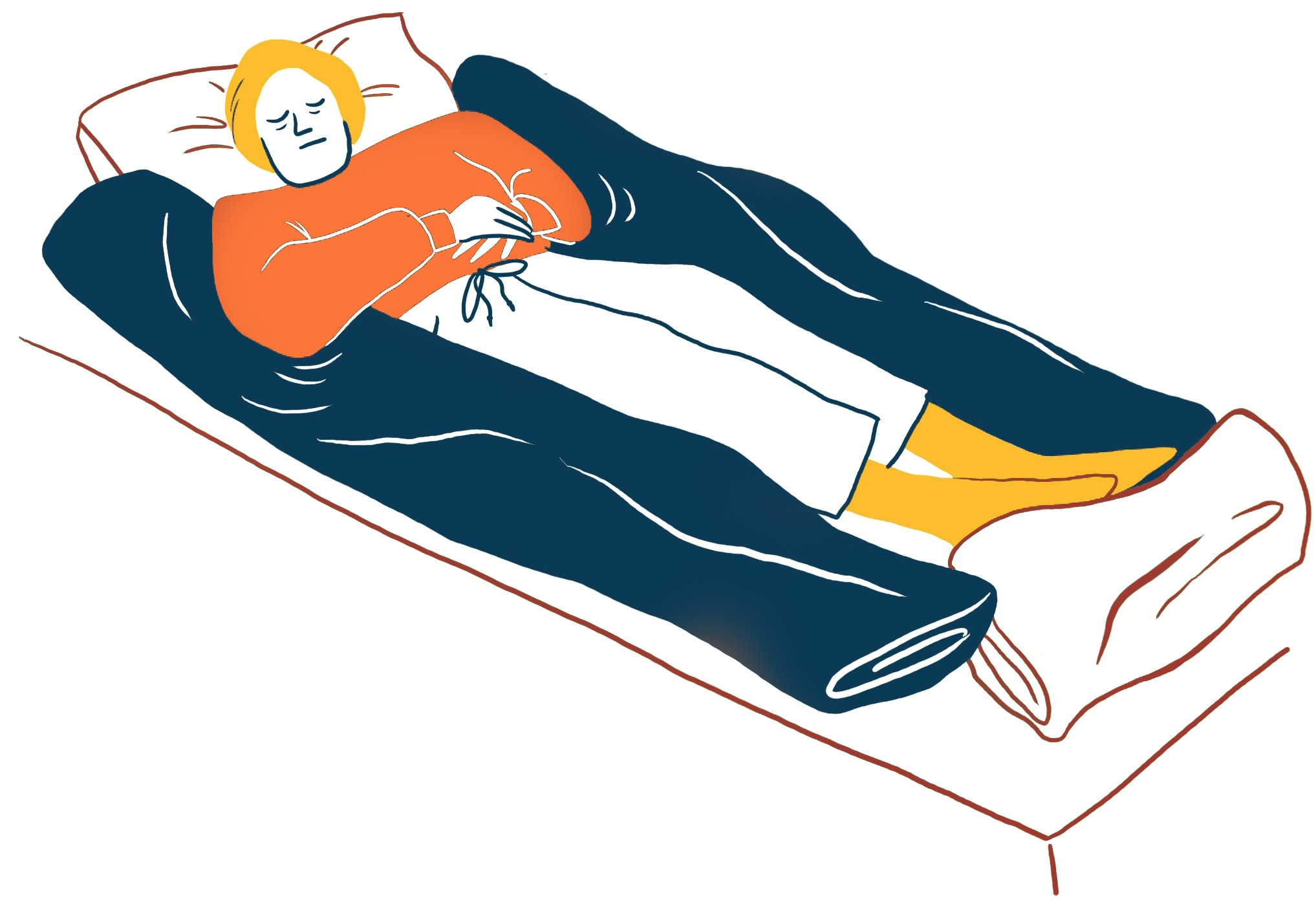 Nestlagerung: Abbildung einer Person, die auf einem Bett links, rechts und unten mit Decken 'gestützt' wird. Die Person hat einen ruhigen Gesichtsausdruck und trägt ein orangefarbenes Hemd und weiße Hosen. Ihre Hände sind über ihrem Oberkörper gefaltet und ihre Augen sind geschlossen.