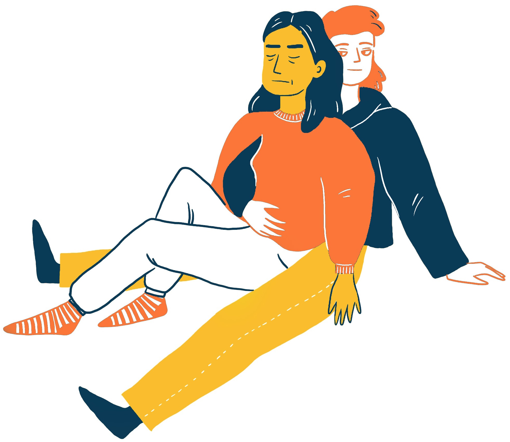 Kangarooing: Abbildung von zwei Personen, die zusammensitzen. Eine Person mit langen Haaren, die einen orangefarbenen Pullover, weiße Hosen und gestreifte Socken trägt, lehnt sich mit geschlossenen Augen zurück. Die andere Person mit kurzen Haaren, die einen dunklen Pullover und Hosen trägt, sitzt hinter ihr und stützt ihren Rücken.