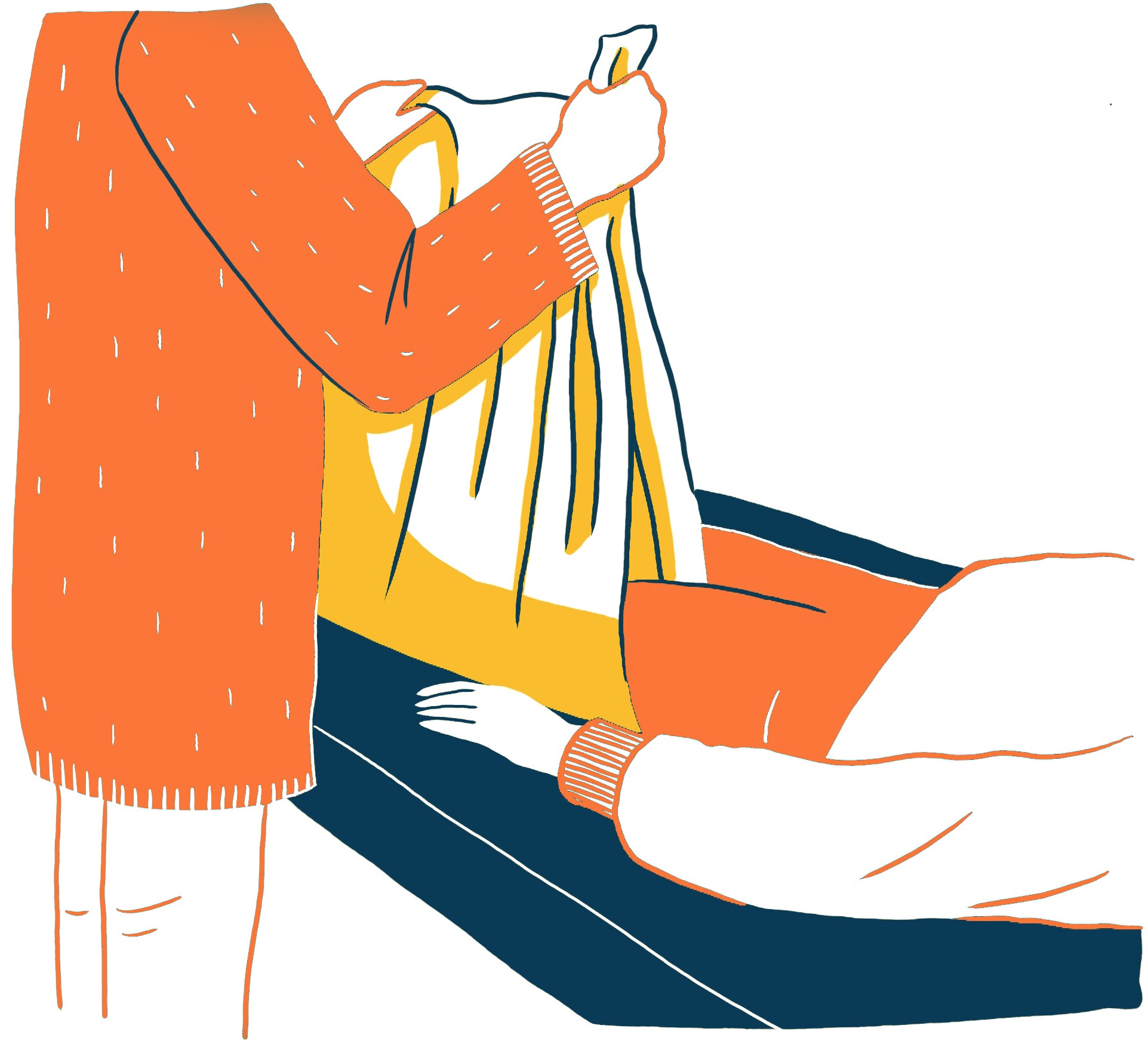 Wiegen einer Extremität: Eine stilisierte Illustration zeigt zwei teilweise sichtbare Figuren in Orange und Gelb. Eine Person wiegt in einer großen gelben 'Tasche', das Bein der anderen liegenden Person.